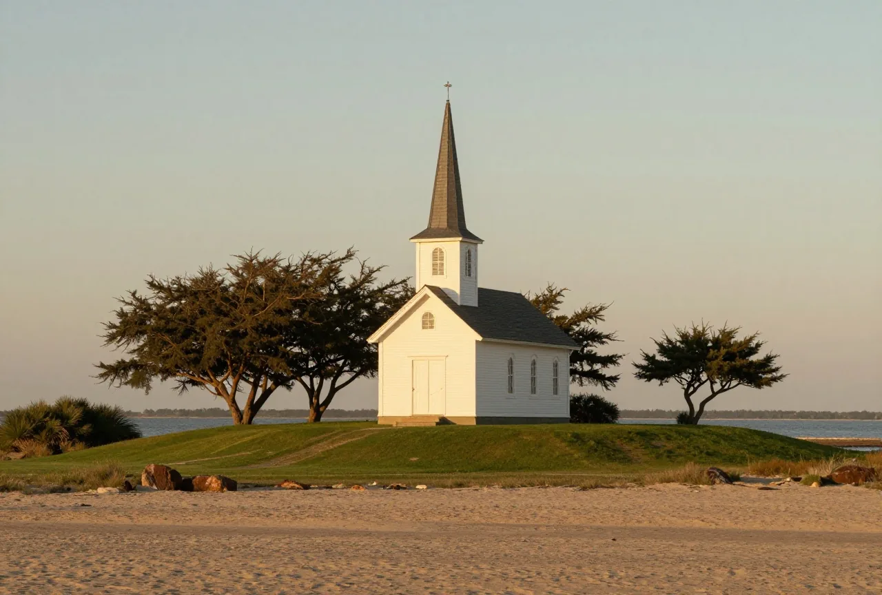 Weiße Holzkirche mit spitzem Turm auf einer grünen Anhöhe über einer stillen Meeresbucht, Erlen und Zedern ringsum, weiches Abendlicht