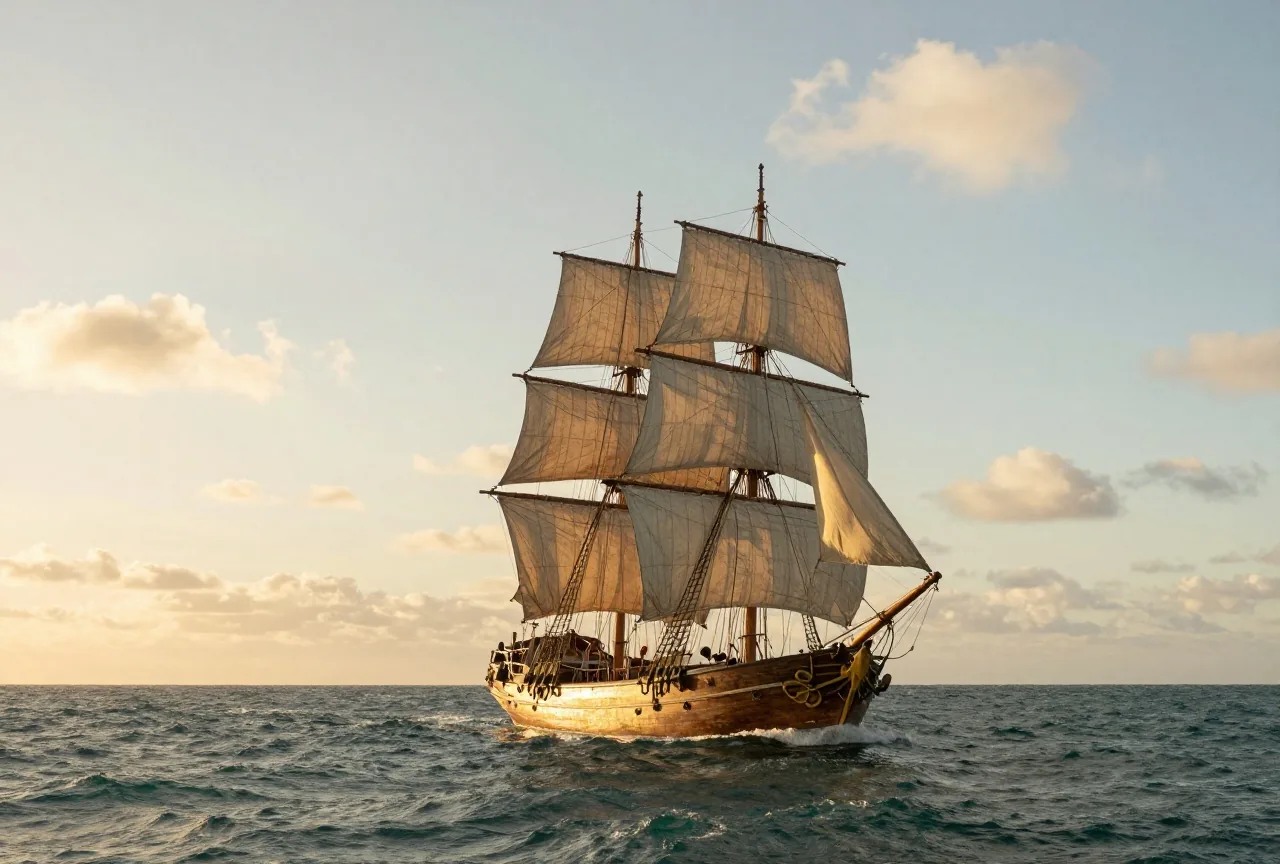Ein hölzernes Segelschiff mit drei Masten und gerefften Segeln auf dem offenen Atlantik, die Wellen golden im Licht der tiefen Sonne, darüber ein weiter Himmel mit Passatwolken