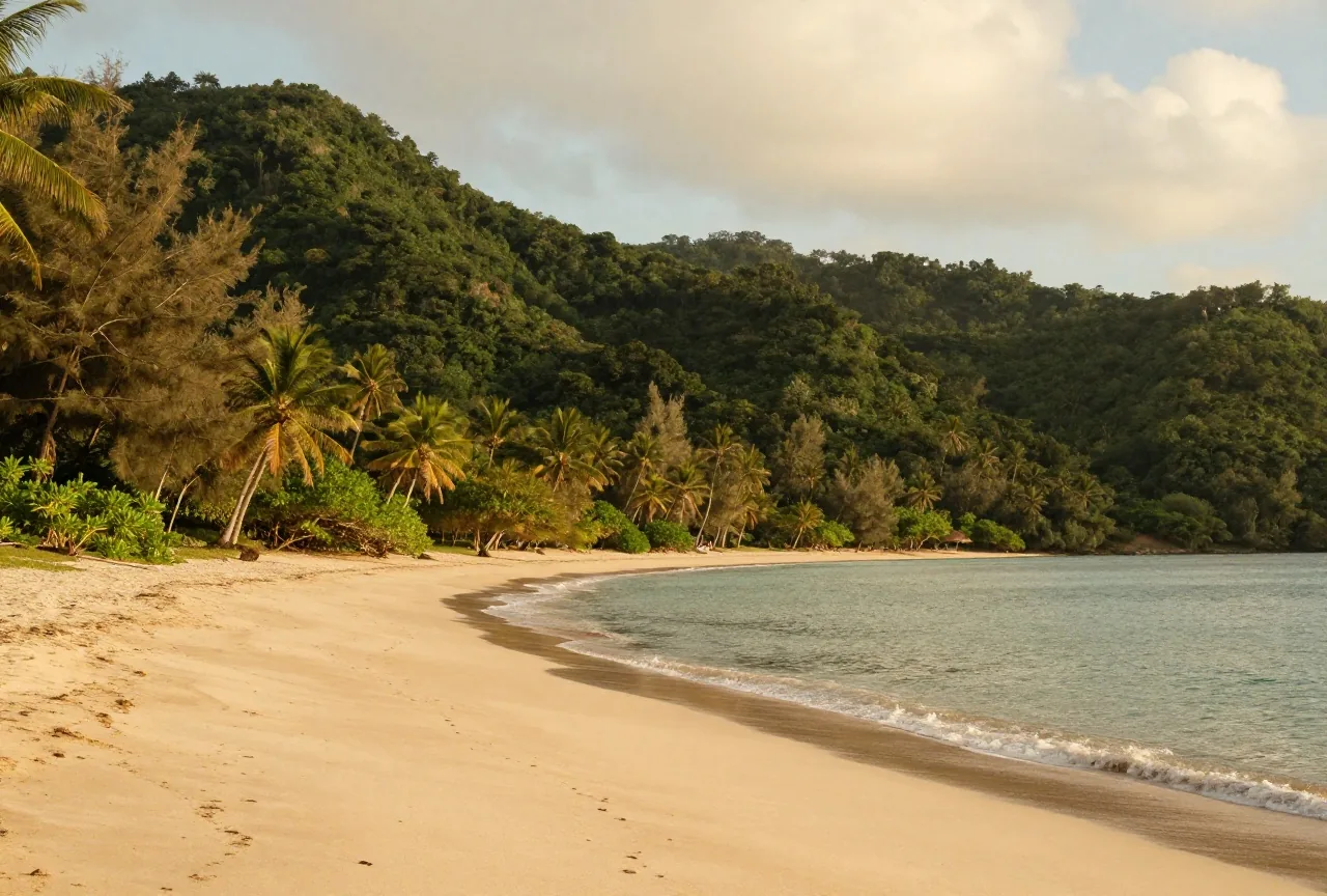 Grüne, bewaldete Hügel fallen zu einer stillen Bucht mit hellem Sandstrand ab, Palmen und Mangroven am Ufer, über dem Meer leichte Wolken im warmen Abendlicht