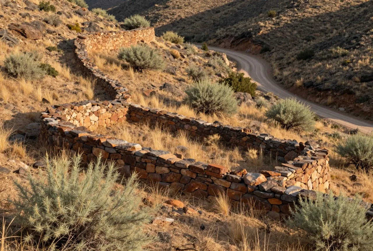 Niedrige Mauerreste aus Feldsteinen auf einem trockenen Hang zwischen Mesquite und Gras, dahinter ein Bergpass im späten Nachmittagslicht