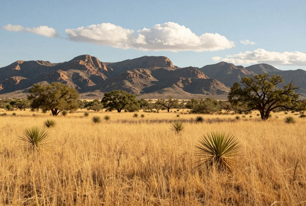 Weites Tal mit gelbem Gras, Yucca und einzelnen Eichen vor einer felsigen Bergkette unter hohen Wolken am Nachmittag