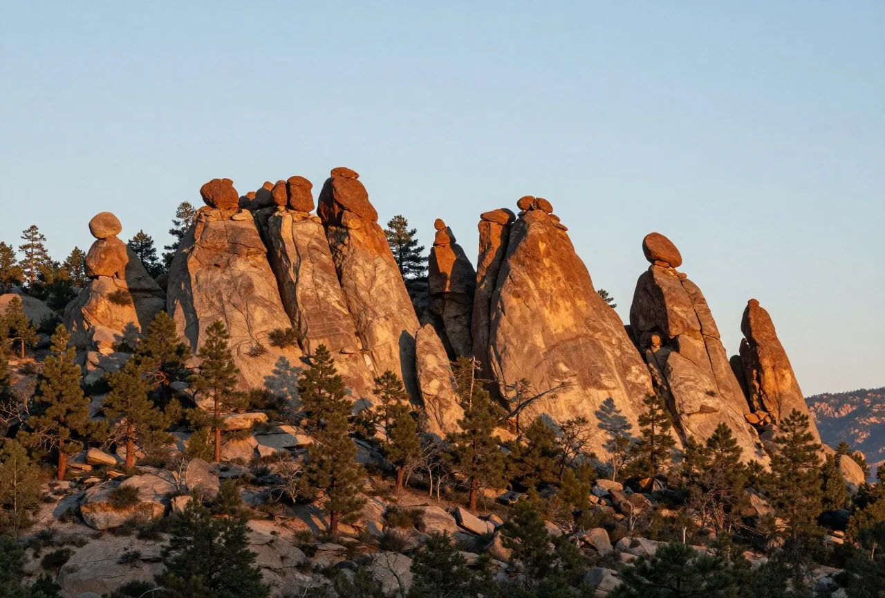 Felsnadeln und Steinsäulen aus Vulkangestein auf einem bewaldeten Bergkamm im goldenen Abendlicht, darüber ein weiter Himmel
