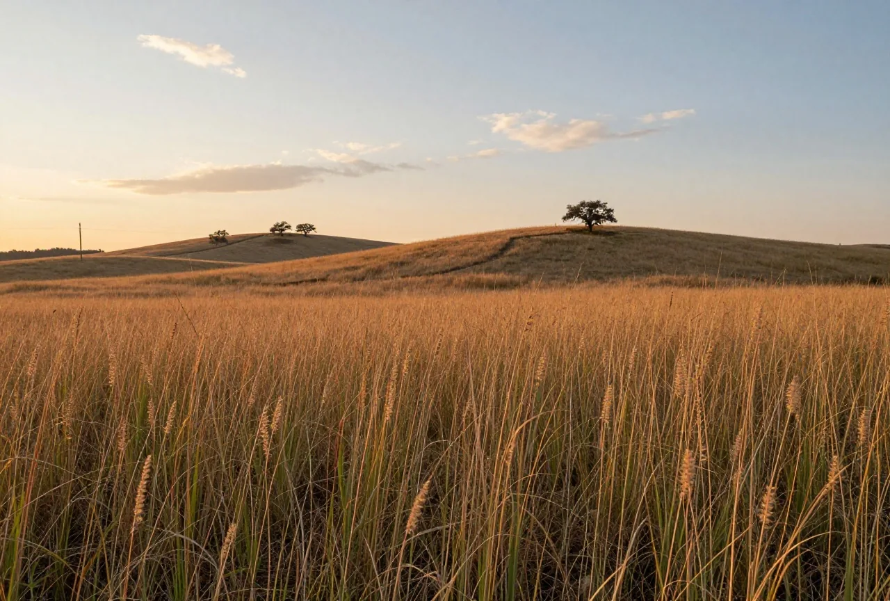 Hügelige Prärie in Oklahoma in der Abenddämmerung, das hohe Gras leuchtet im warmen Licht, auf fernen Kämmen einzelne Eichen