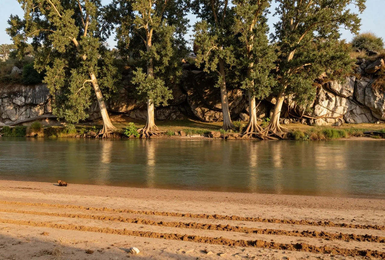 Breiter, ruhiger Fluss zwischen bewaldeten Kalksteinhängen, am flachen Ufer eine Gruppe großer Platanen mit heller, gefleckter Rinde, warmes Nachmittagslicht