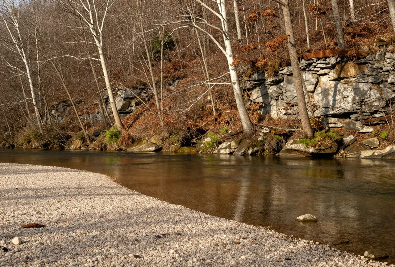 Ruhiger Fluss mit Kiesbank und einem Saum aus Platanen und Eichen im Herbstlaub im warmen Licht der späten Nachmittagssonne