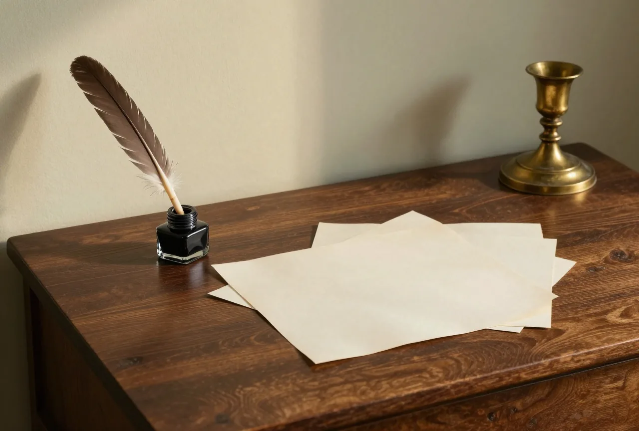 Schreibpult aus dunklem Holz mit Federkiel, Tintenfass und gefaltetem leerem Papier, daneben ein Kerzenleuchter aus Messing vor einer hellen Wand im warmen Licht