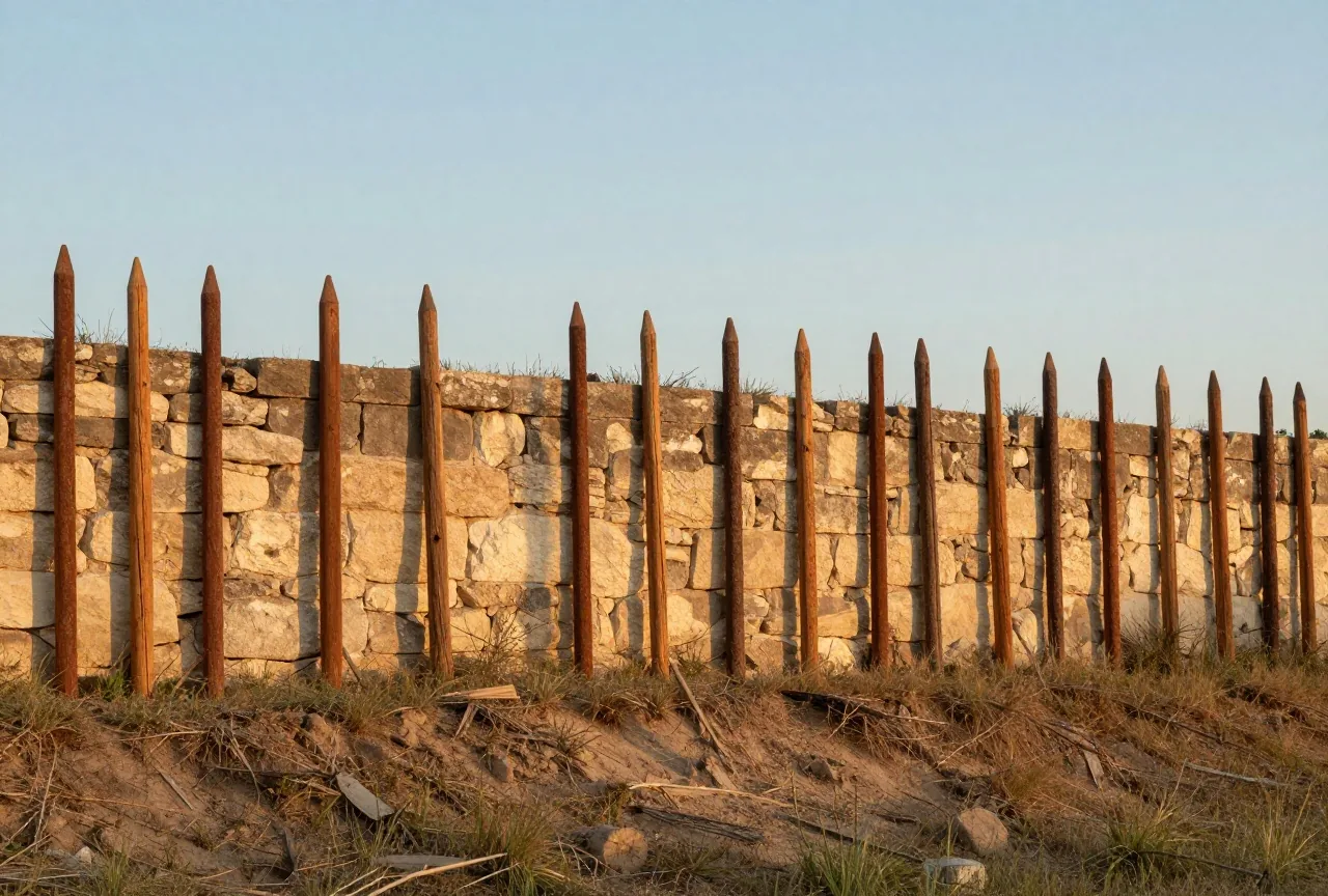 Niedrige Palisade aus angespitzten Holzpfählen vor einer verwitterten Kalksteinmauer, davor ein Erdwall mit trockenem Gras unter weitem Himmel im warmen Abendlicht