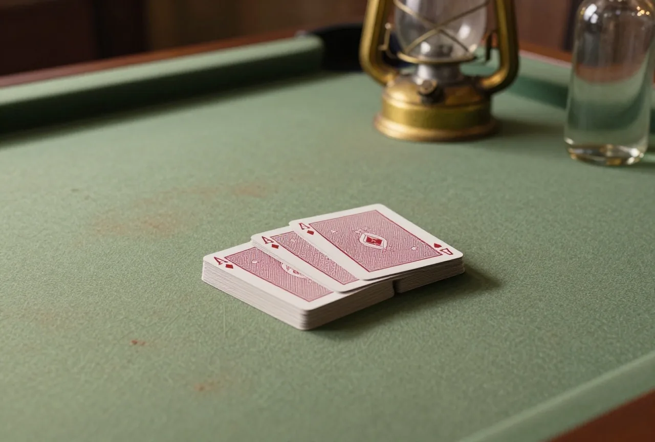 Grün bespannter Spieltisch in einem stillen Saloon mit einem verdeckten Kartenstapel, einem Glas ohne Etikett und einer Messinglampe im warmen Nachmittagslicht