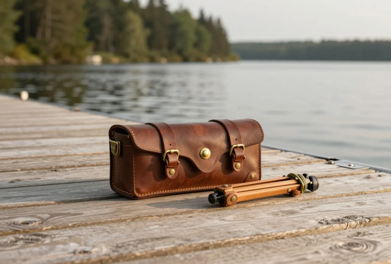 Geschlossener Kamerakoffer aus braunem Leder mit Messingschnallen und ein zusammengeklapptes Holzstativ auf den Planken eines kleinen Stegs, dahinter ruhiges Wasser und Nadelwald