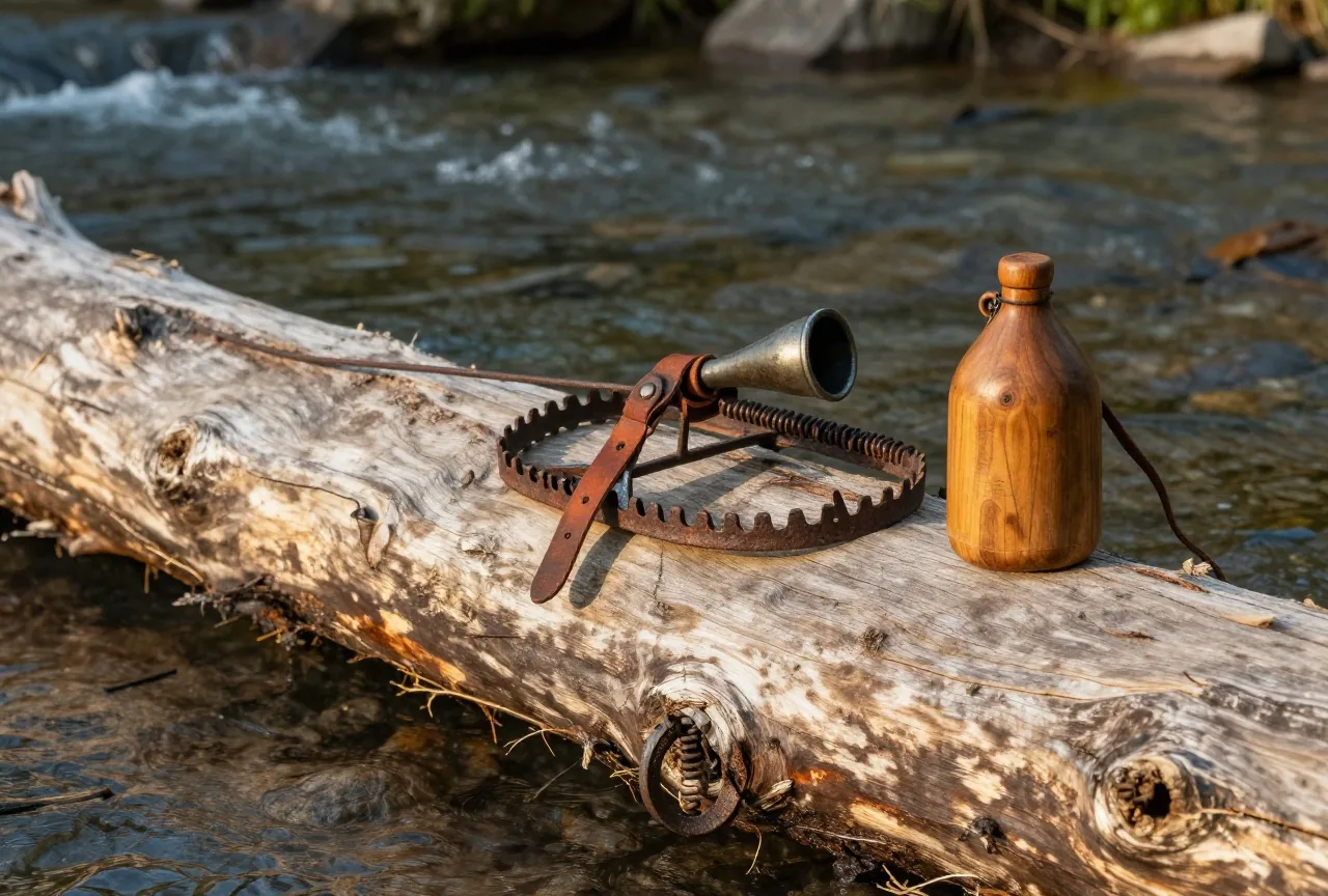 Stillleben auf einem Baumstamm an einem Bach: eine eiserne Biberfalle, ein Pulverhorn an einem Lederriemen und eine hölzerne Feldflasche im warmen Abendlicht.