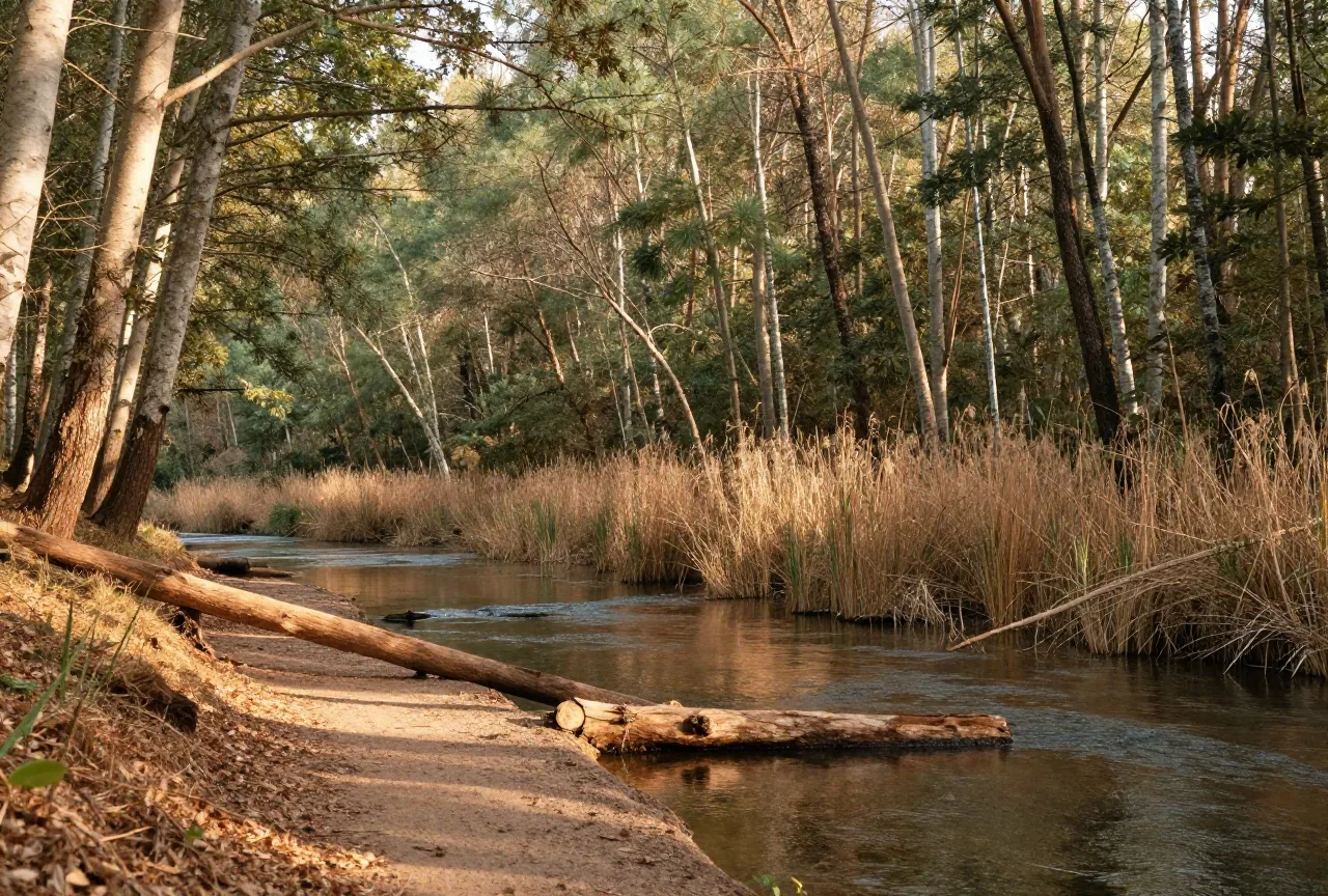 Dichter Laubwald an einem langsamen Fluss mit Schilf und umgestürzten Stämmen, ein schmaler Jägerpfad am Ufer, warmes Licht der tief stehenden Sonne zwischen den Bäumen