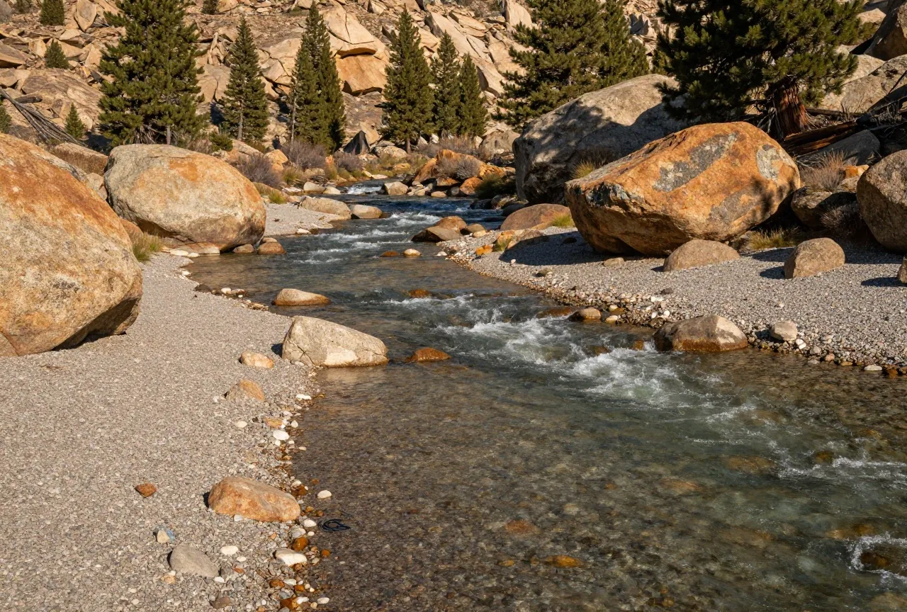 Klarer Gebirgsfluss mit Kiesbänken zwischen großen Granitblöcken und Zedern in der Sierra Nevada im warmen Nachmittagslicht