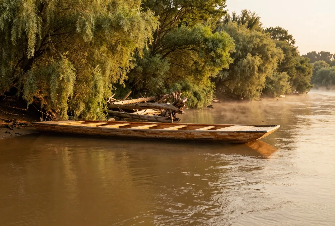 Breiter brauner Strom bei Sonnenuntergang mit einem flachen hölzernen Floßboot am bewaldeten Ufer, Treibholz im Wasser und Nebel über den Weiden
