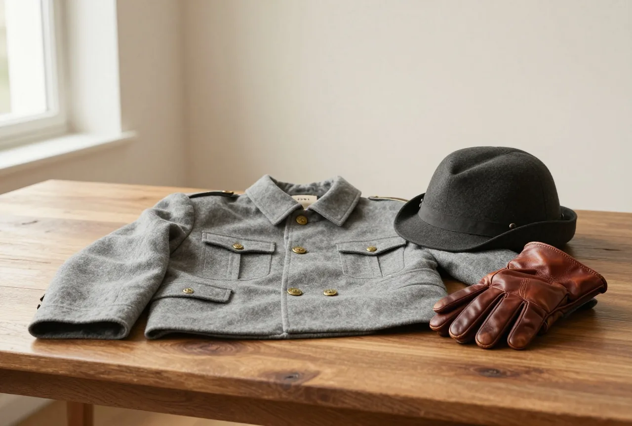 Graue Wolljacke eines Kadetten mit Messingknöpfen, eine Feldmütze und Lederhandschuhe auf einem Holztisch im warmen Licht eines Fensters