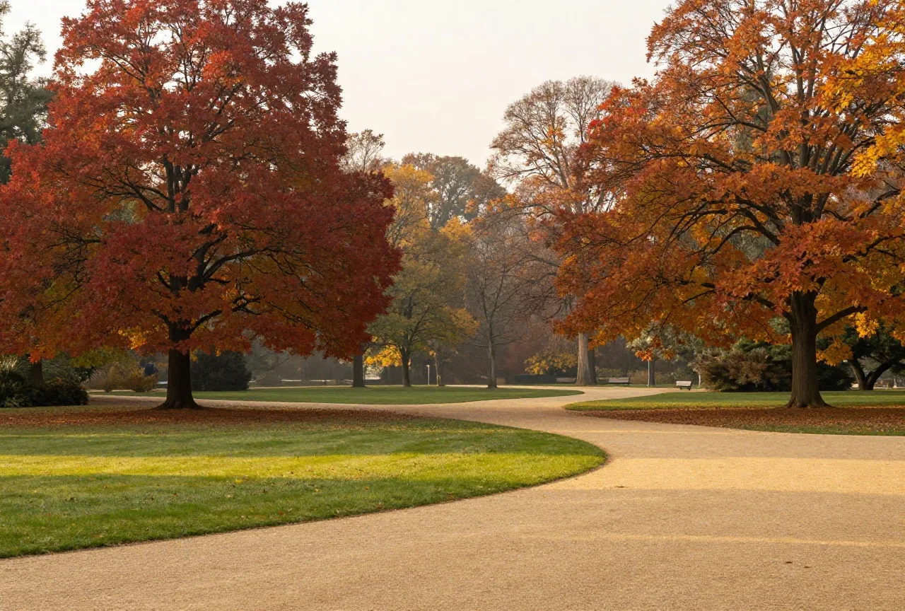 Herbstlicher Park mit hohen Eichen und Ahornbäumen in rotem und goldenem Laub, davor ein Rasen mit geschwungenem Kiesweg, warmes Licht der späten Nachmittagssonne