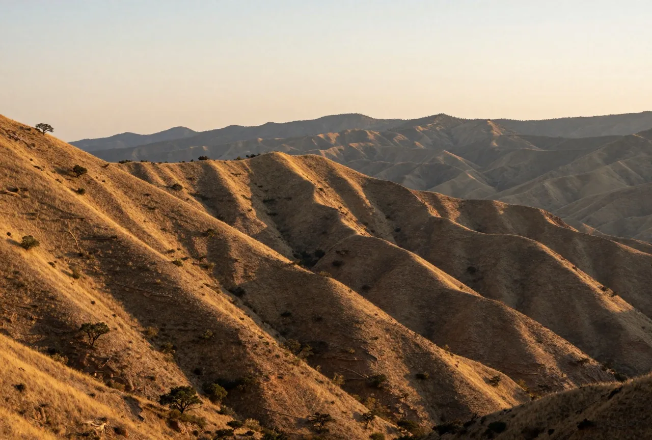 Zerklüftete Bergketten der Sierra Madre mit Eichen und dürrem Gras an steilen Hängen unter einem weiten Abendhimmel