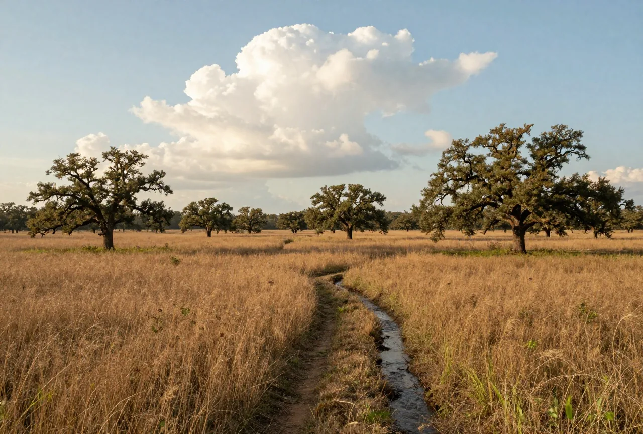 Weites, hügeliges Grasland mit einem Bach, Eichengruppen und einem schmalen Reitpfad unter einem hohen Himmel mit Wolken im späten Nachmittagslicht