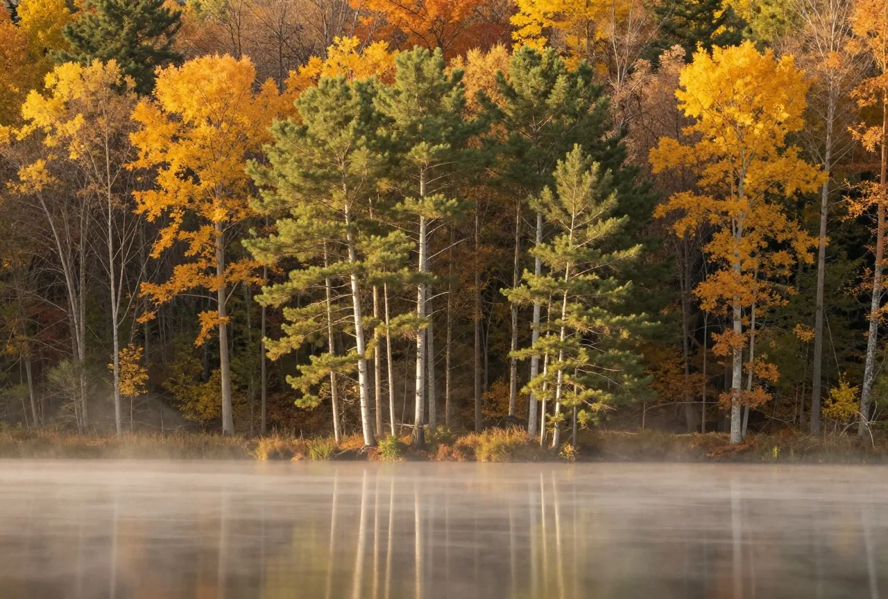 Stiller See im Morgennebel, am Ufer hohe Weymouth-Kiefern und Laubwald in Herbstfarben, keine Menschen