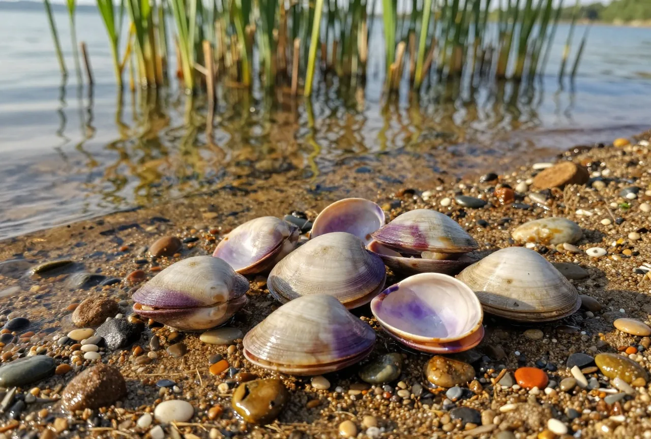 Muschelschalen mit violetten und weißen Innenseiten auf dem Kies eines Seeufers, dahinter flaches Wasser und Schilf im warmen Abendlicht