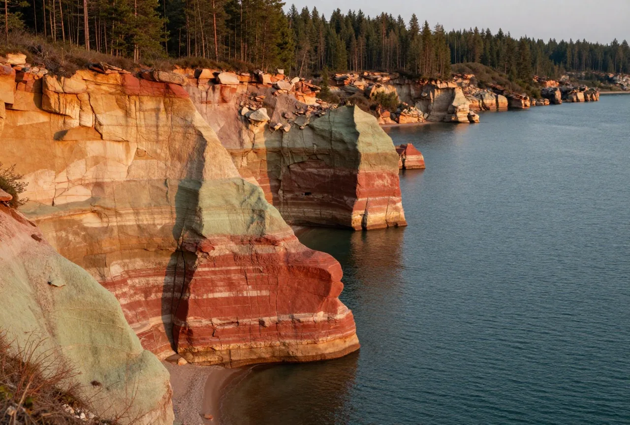 Steile Sandsteinklippen in Rot-, Ocker- und Grüntönen über dem klaren Wasser eines großen Sees, Nadelwald an der Kante, Abendlicht, keine Menschen