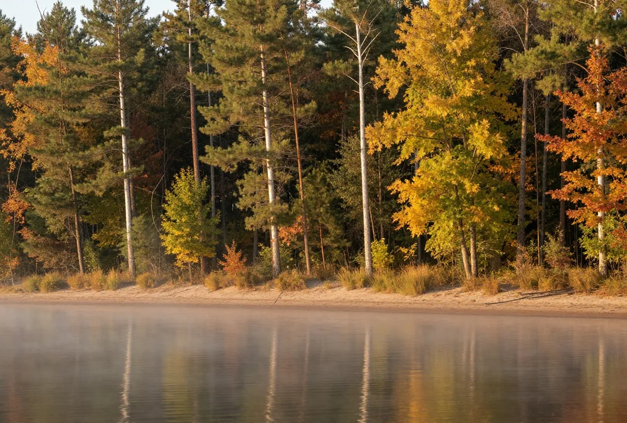 Ufer eines stillen Sees mit hohen Weymouth-Kiefern und Laubwald im Herbst, Nebel über dem Wasser, weiches Morgenlicht