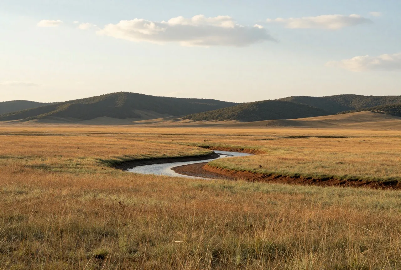 Hügeliges Grasland der nördlichen Plains mit einem kleinen Fluss, am Horizont dunkle bewaldete Berge unter hohen Wolken, späte Nachmittagssonne