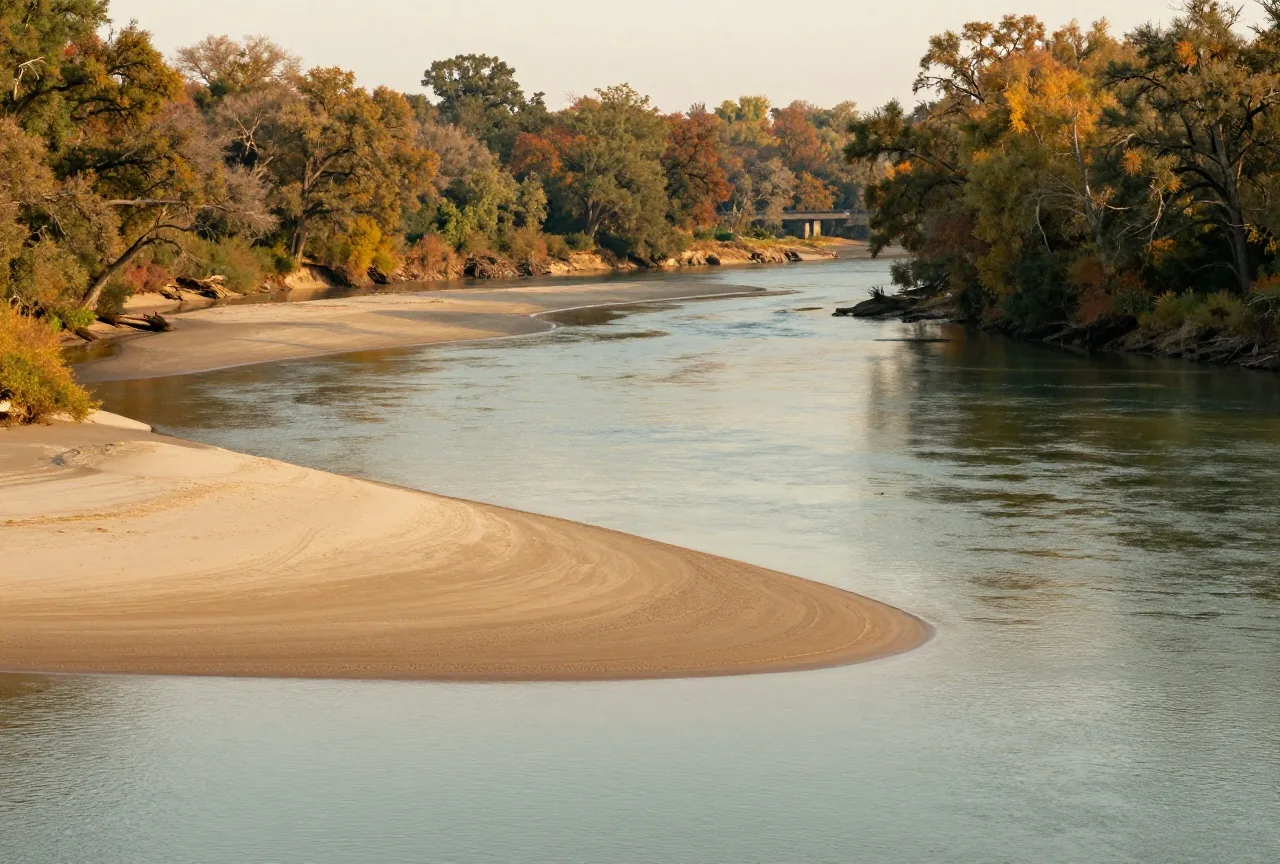 Breite Flussschleife mit hellen Sandbänken und Ufern mit Eichen und Platanen im Herbstlaub, ruhiges Wasser im weichen Licht des späten Nachmittags