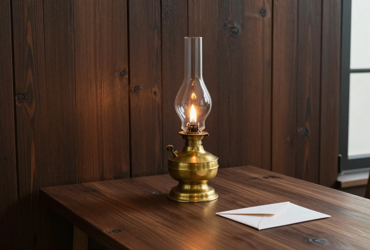 Eine Öllampe aus Messing auf einem dunklen Holztisch im warmen Licht