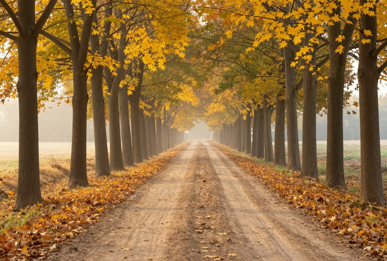 Unbefestigter Weg unter hohen Ahornbäumen mit gelbem Herbstlaub im weichen Abendlicht