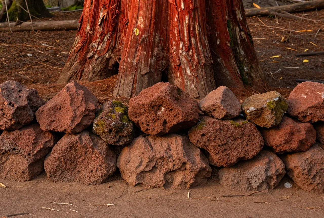 Niedrige moosbewachsene Mauer aus rotbraunem Lavastein zwischen hohen Mammutbäumen, auf dem Waldboden Nadelstreu, Sonnenstrahlen fallen schräg durch den Wald