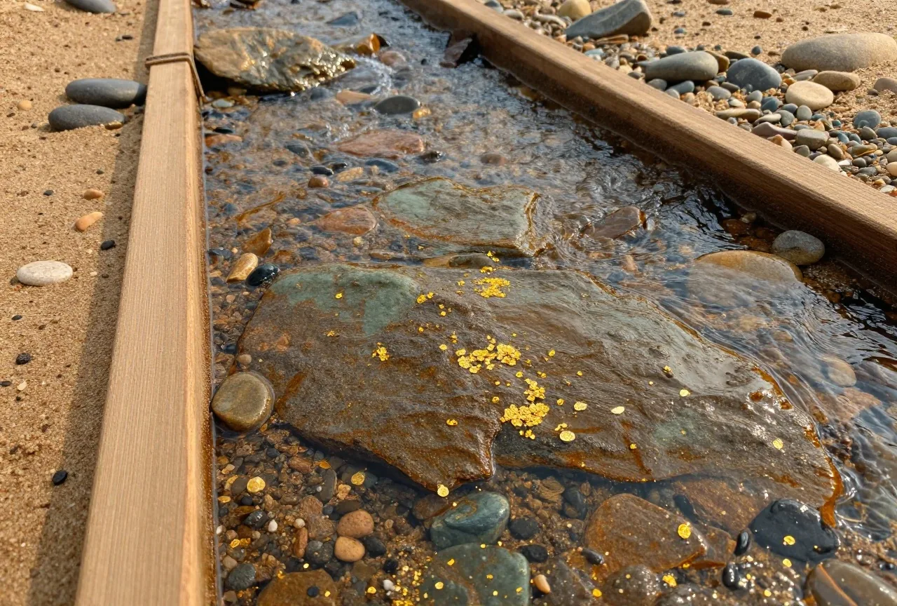 Goldflitter auf nassem, glatt gewaschenem Felsgrund in einem flachen Wasserkanal aus Holzbohlen, daneben Kiesel und Sand, klares Wasser im Nachmittagslicht