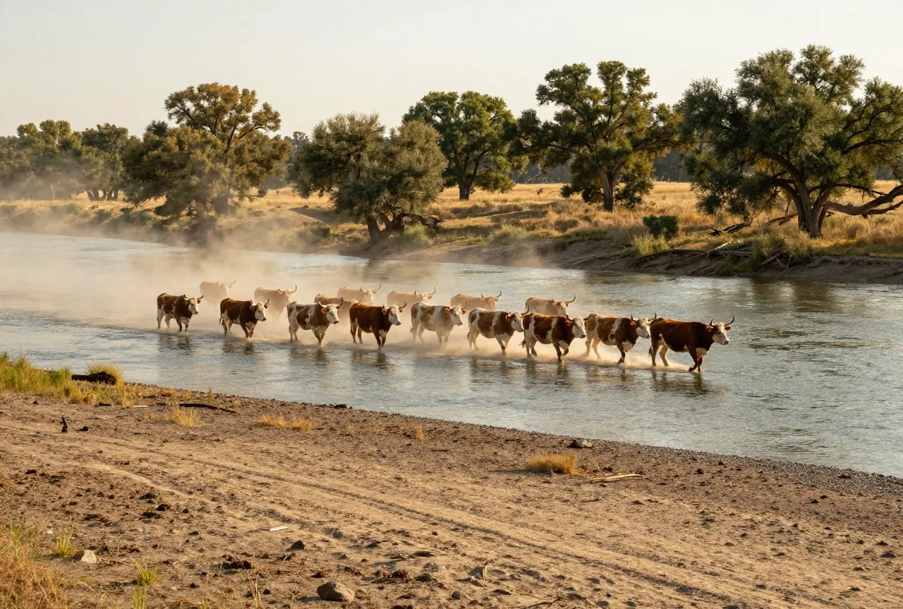 Eine Herde Longhornrinder durchquert in der Ferne einen breiten, flachen Fluss in der Prärie, Staub liegt im warmen Abendlicht über dem Ufer