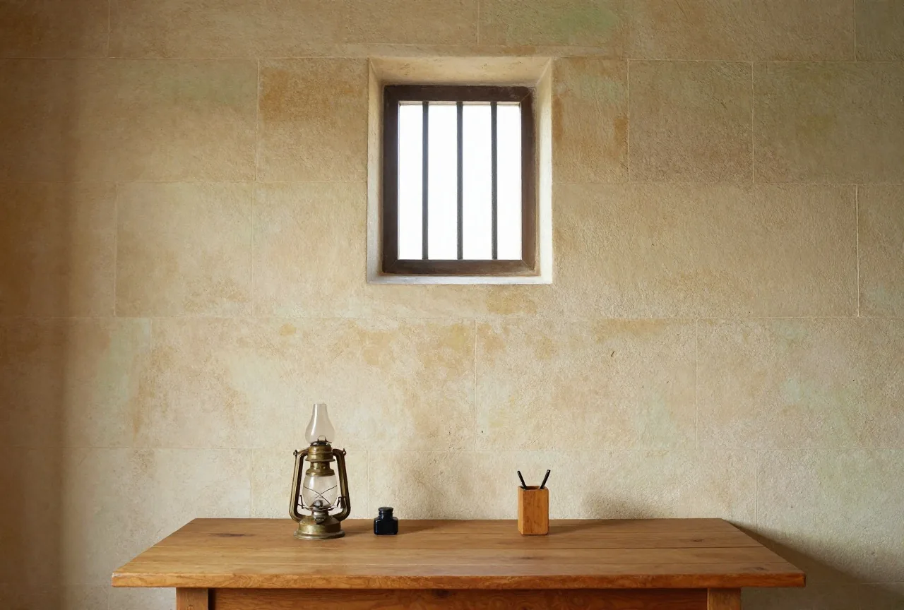 Dicke Kalksteinmauer mit einem kleinen vergitterten Fenster, darunter ein schlichter Holztisch mit einer Öllampe, einem Tintenfass und einem Federhalter