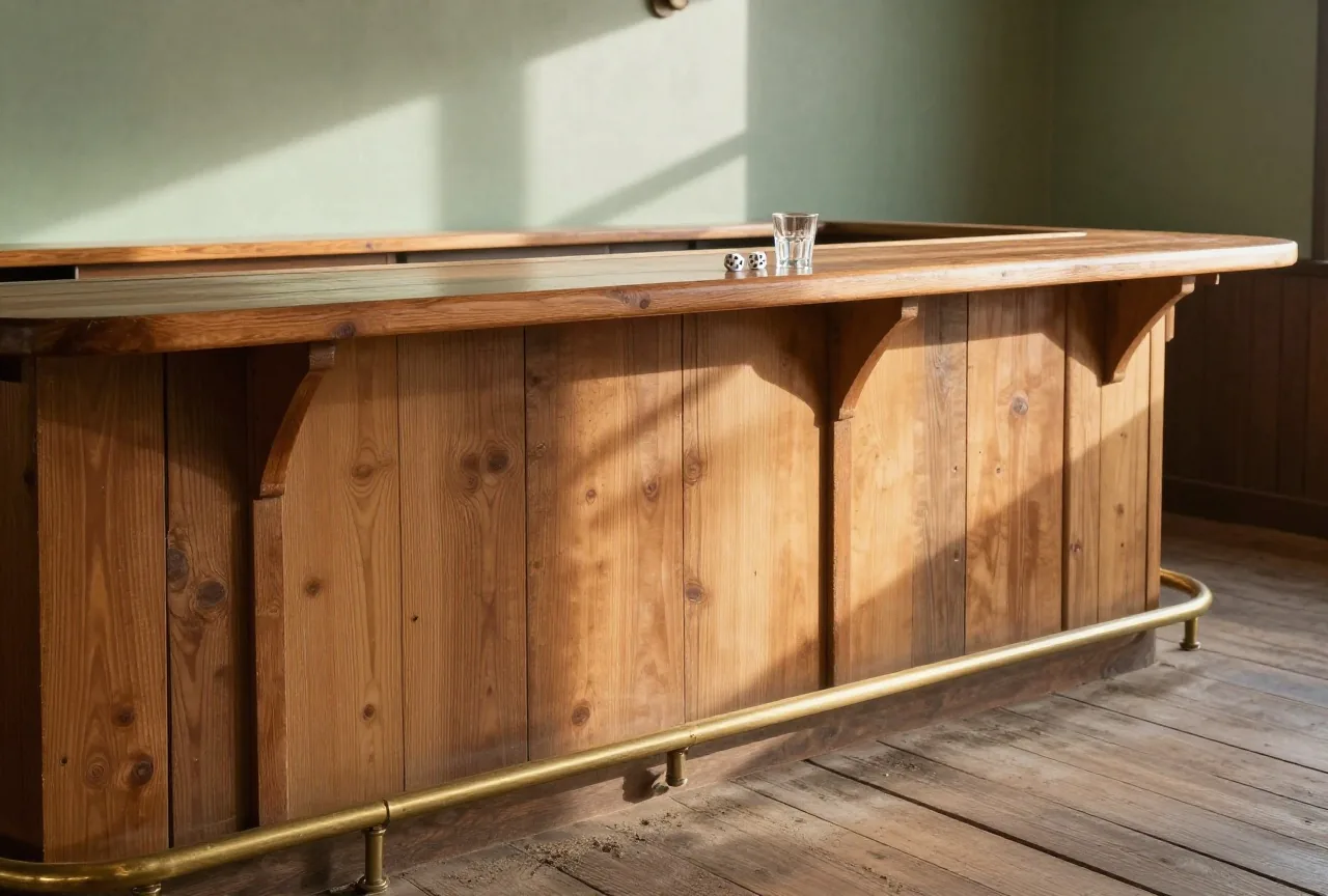 Polierte Holztheke eines Saloons der 1890er Jahre im späten Nachmittagslicht, darauf zwei Würfel und ein leeres Glas, darunter eine Messingstange, staubige Dielen, keine Menschen