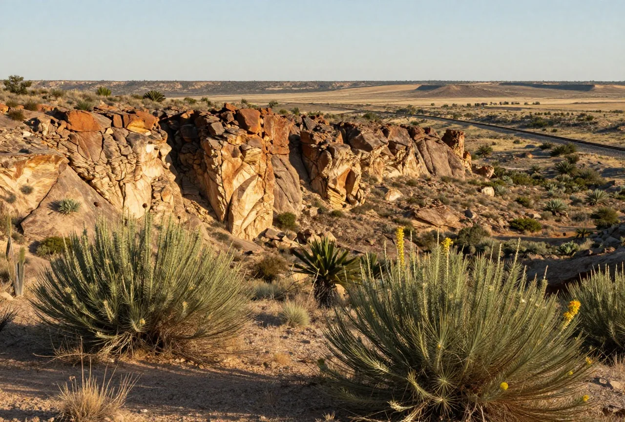 Felsiger Höhenzug über dem Tal des Rio Grande in Westtexas, Kalksteinklippen, Kreosotbüsche und blühende Yuccas, in der Ferne Bahngleise im warmen Nachmittagslicht