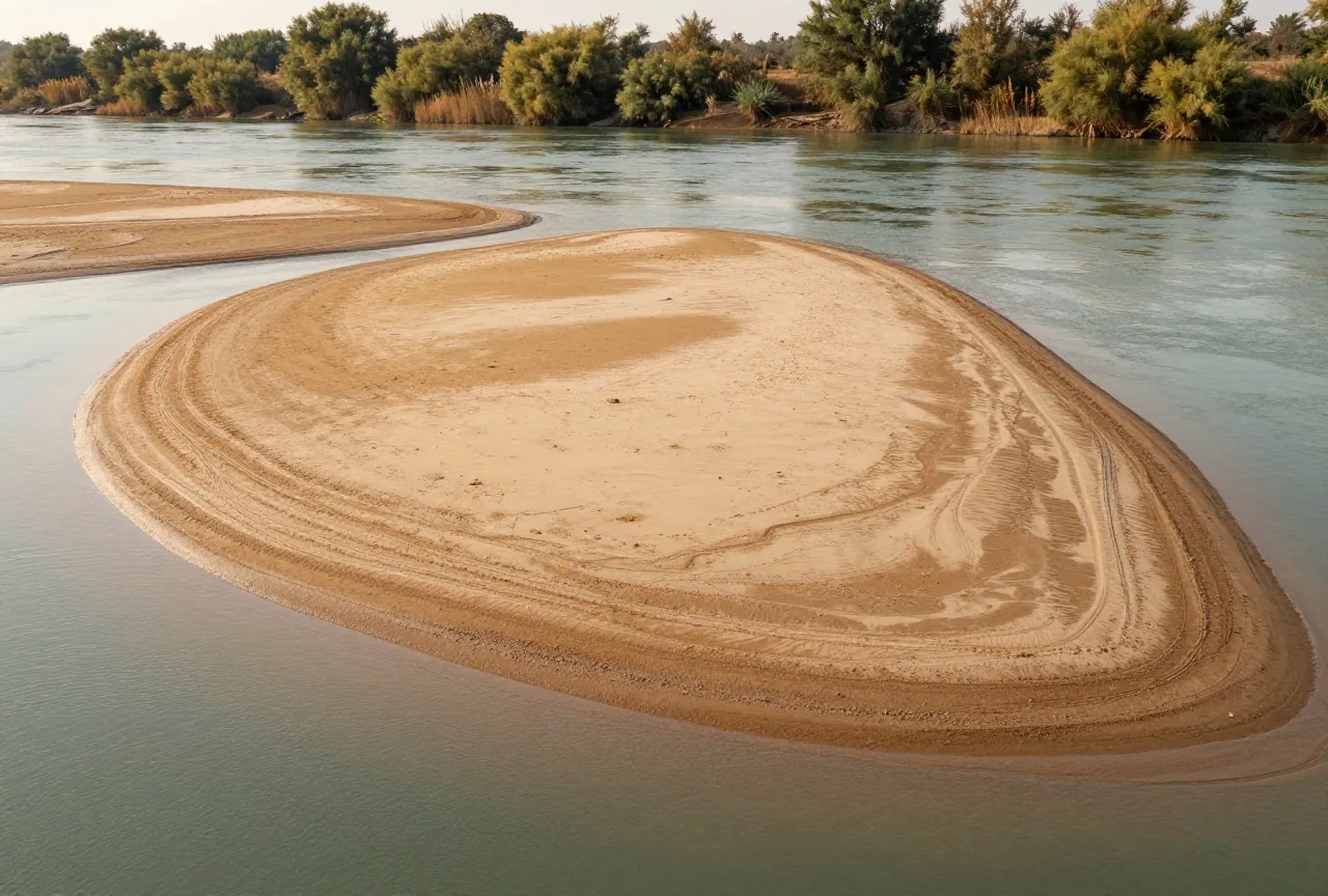 Breite Sandbank im Rio Grande zwischen hellen Kalksteinufern, niedriges Wasser, Weidengebüsch und Schilf, Wintersonne am späten Nachmittag, keine Menschen