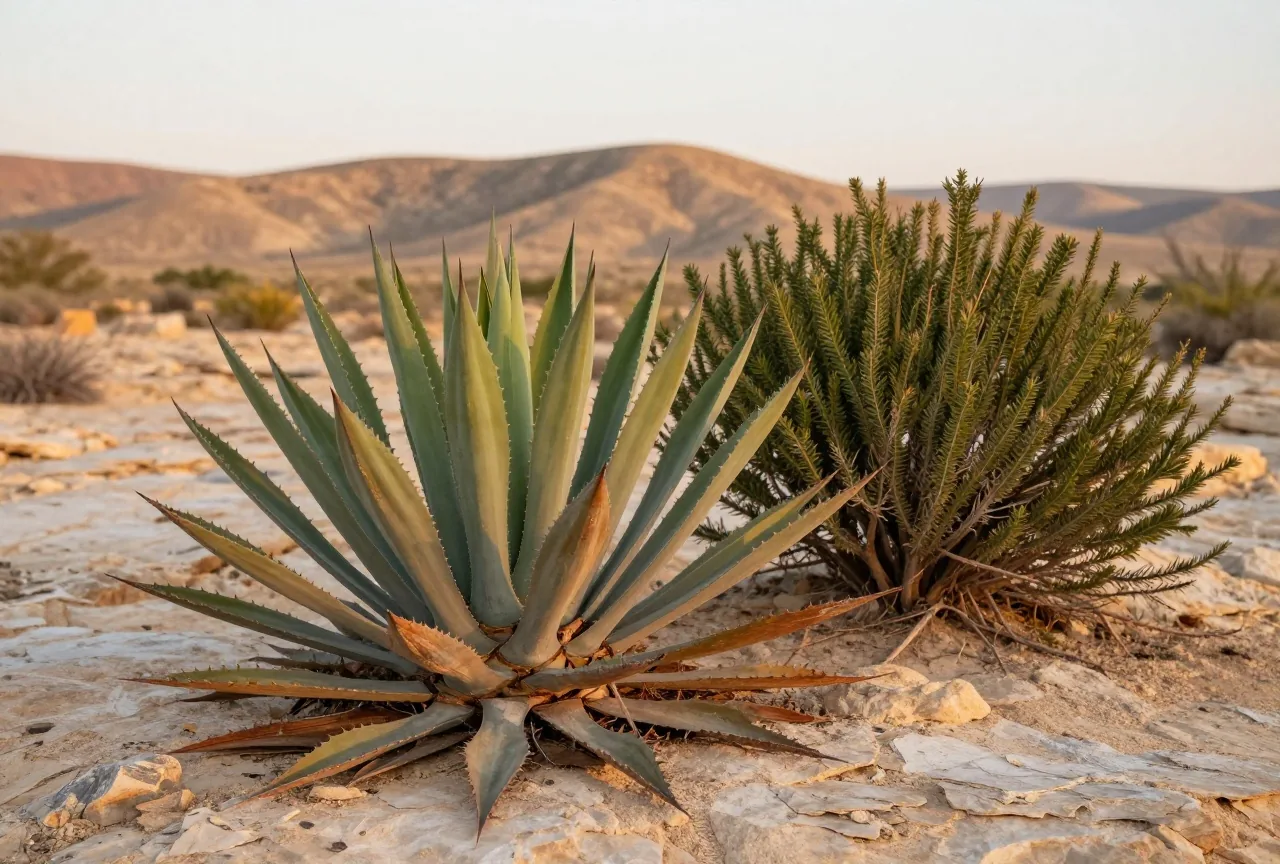 Agave und Kreosotbusch auf steinigem Kalkboden in Westtexas im Abendlicht