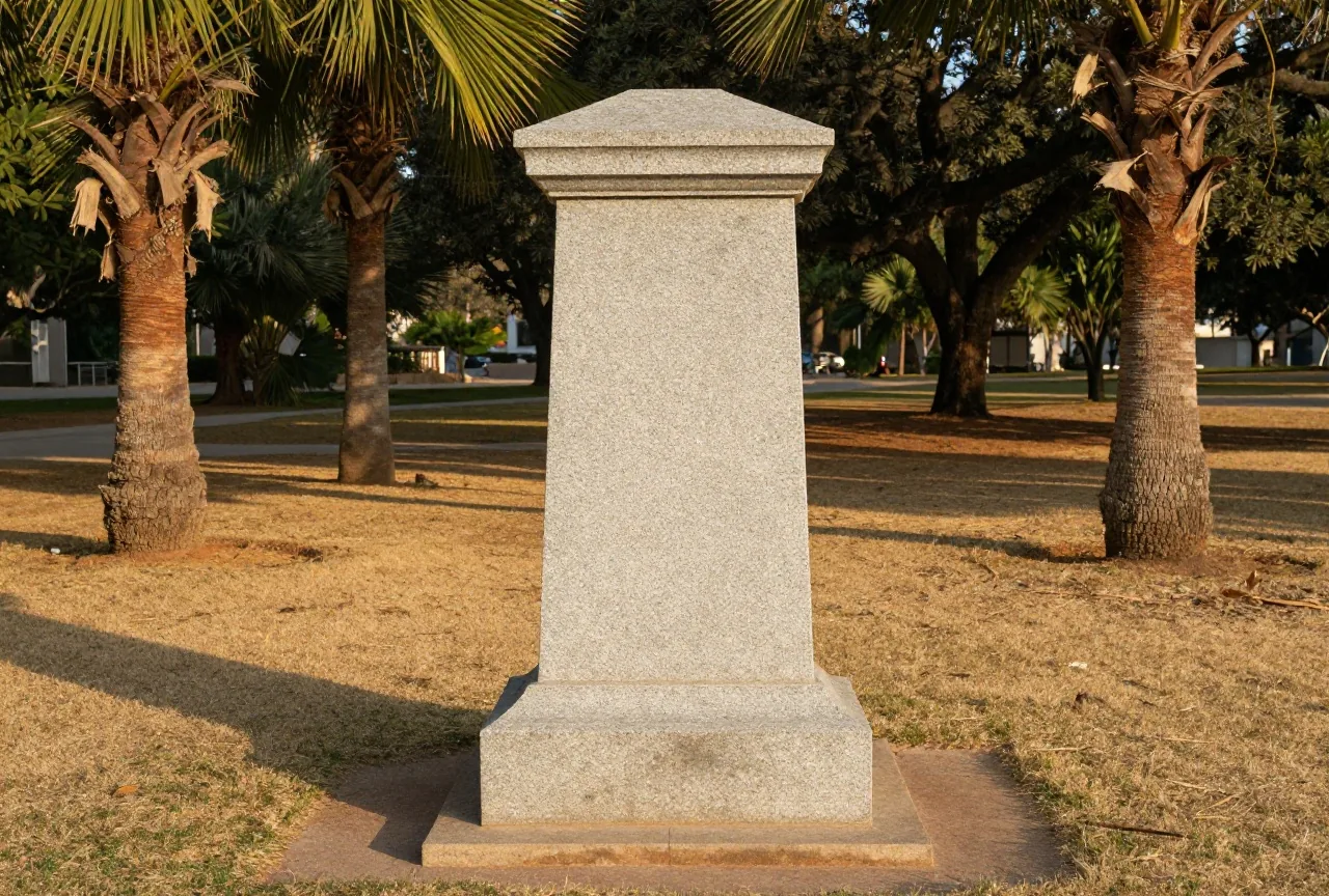 Ein leerer, verwitterter Sockel aus grauem Granit ohne Inschrift steht auf einer Rasenfläche zwischen alten Palmen und Eichen in einem stillen Park, warmes Licht der späten Nachmittagssonne