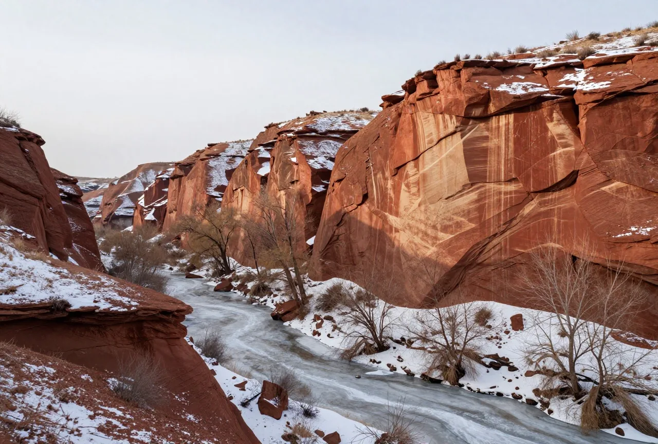 Rote Sandsteinwände eines tiefen Canyons mit Schnee auf den Felsbändern, unten kahle Pappeln am gefrorenen Bachbett unter grauem Winterhimmel