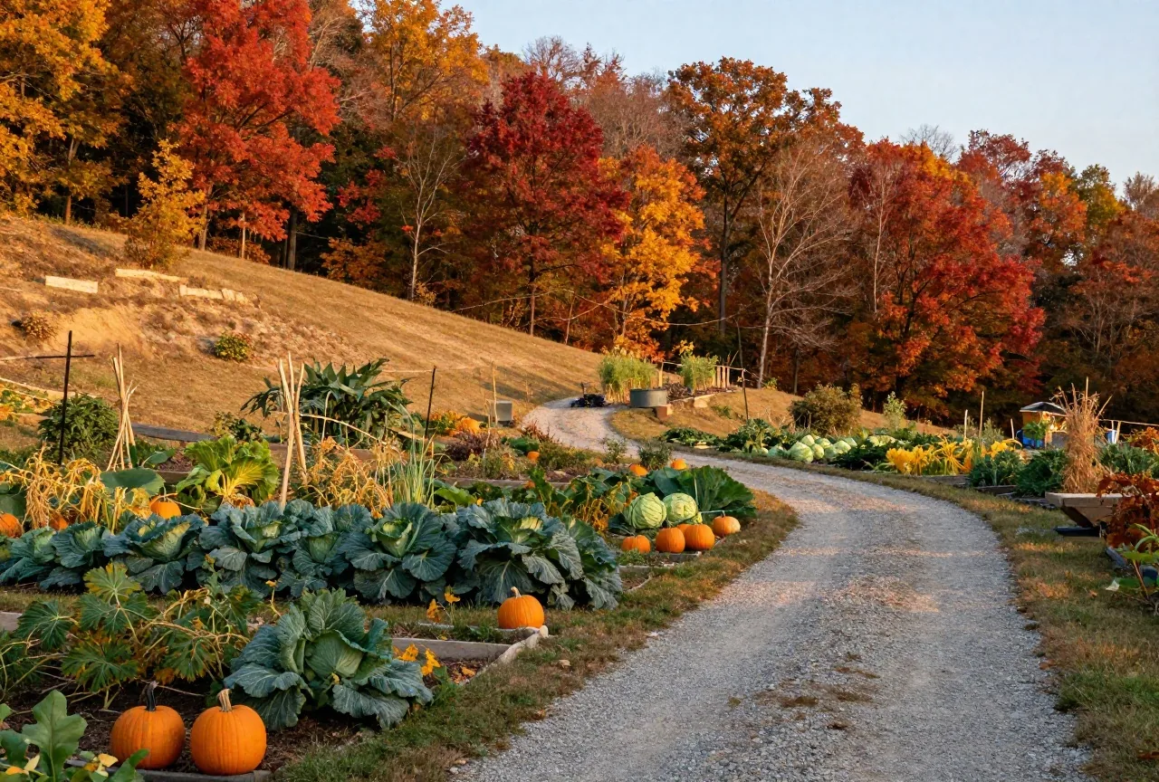 Bewaldeter Hang der Ozark-Hügel im Herbst mit einem Gemüsegarten und einem Feldweg aus Kalkstein, rotes und goldenes Eichenlaub im warmen Licht