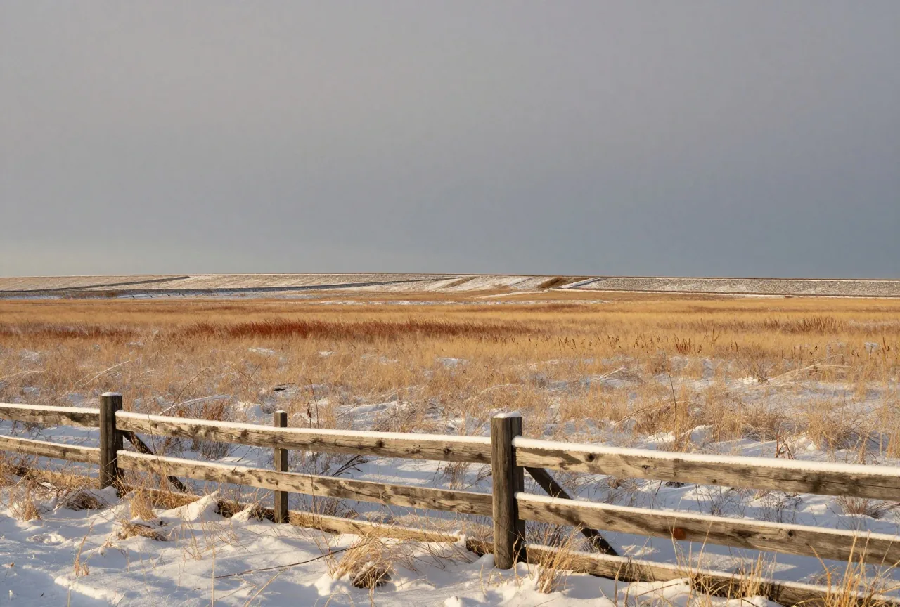 Weite Ebene im Winter, verschneites Präriegras unter tiefem grauem Himmel, im Vordergrund ein Holzzaun mit Schneewehen und ein schmaler Bahndamm, der sich am Horizont verliert