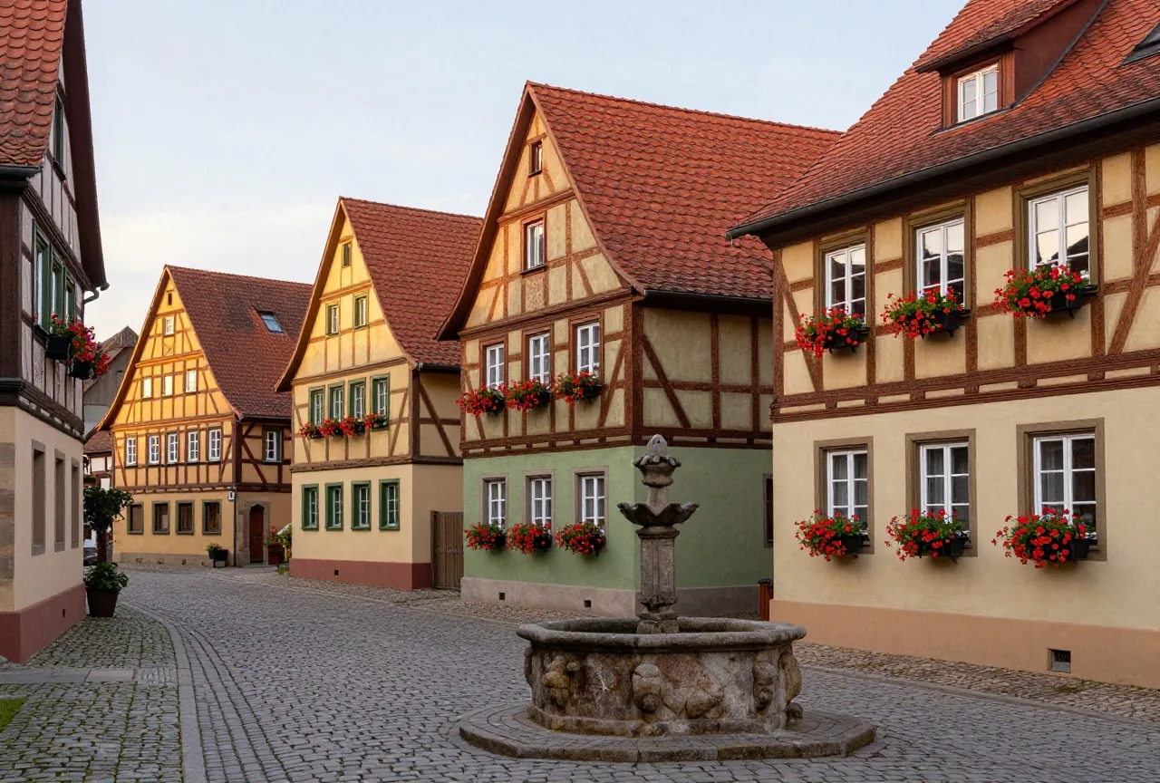 Fachwerkhäuser mit roten Ziegeldächern an der Hauptstraße eines fränkischen Marktorts, davor Kopfsteinpflaster und ein Brunnen im warmen Abendlicht