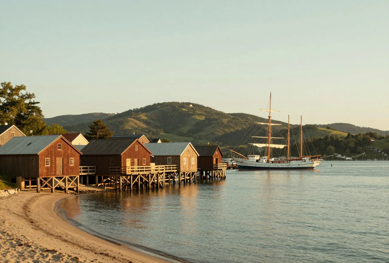 Hafen an einer weiten Bucht mit hölzernen Lagerhäusern auf Pfählen, Segelschiffe vor Anker und grüne Hügel im Hintergrund, goldenes Nachmittagslicht
