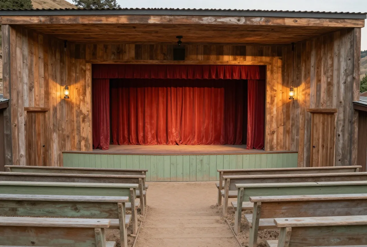 Hölzerne Bühne eines kleinen Theaters in einer Goldgräberstadt mit rotem Samtvorhang, Öllampen als Rampenlicht und leeren Holzbänken im Saal