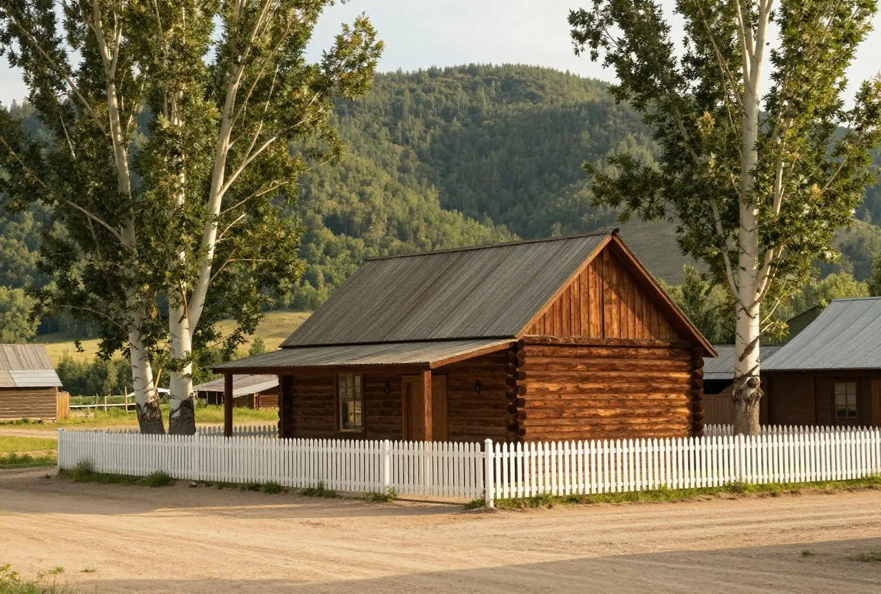 Holzhaus mit Veranda und weißem Lattenzaun unter hohen Pappeln in einem Bergbaustädtchen am Fuß bewaldeter Hügel, warmes Licht des späten Nachmittags