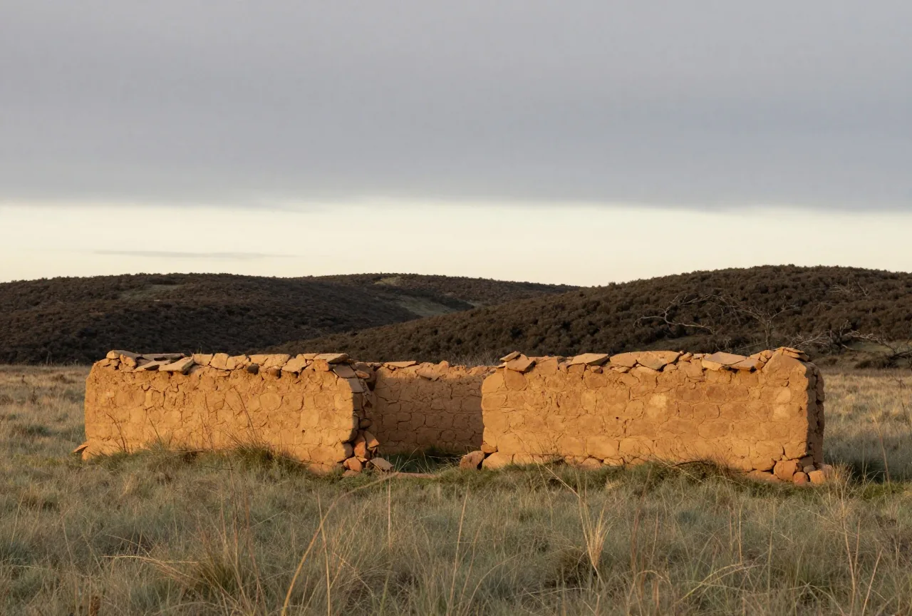 Niedrige, verwitterte Mauerreste aus Lehmziegeln in einer winterlichen Graslandschaft, dahinter dunkle Hügel mit Wacholder unter grauem Himmel mit einem hellen Streifen am Horizont