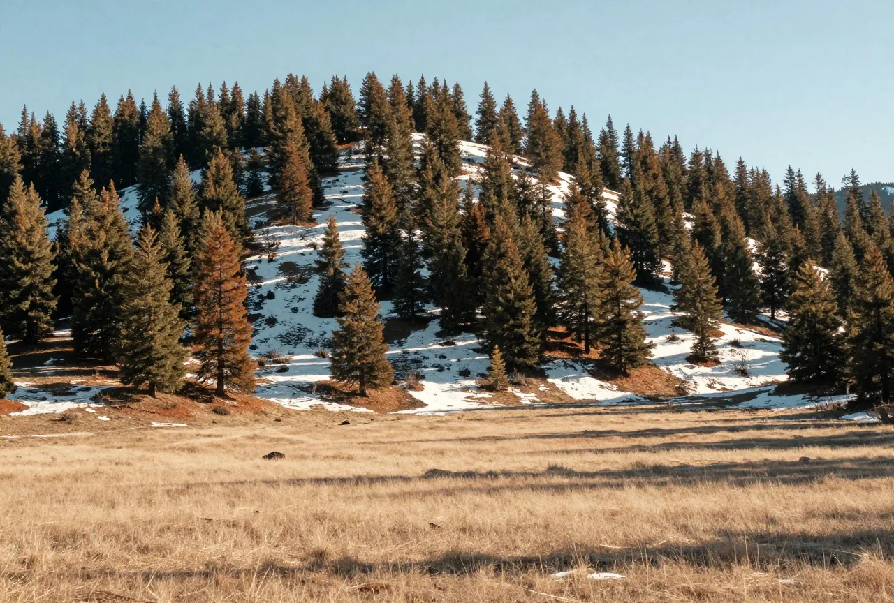 Bewaldete Bergflanke mit Ponderosa-Kiefern und Schneeresten über einem Tal mit trockenem Gras, kalter klarer Wintertag mit tiefstehender Sonne