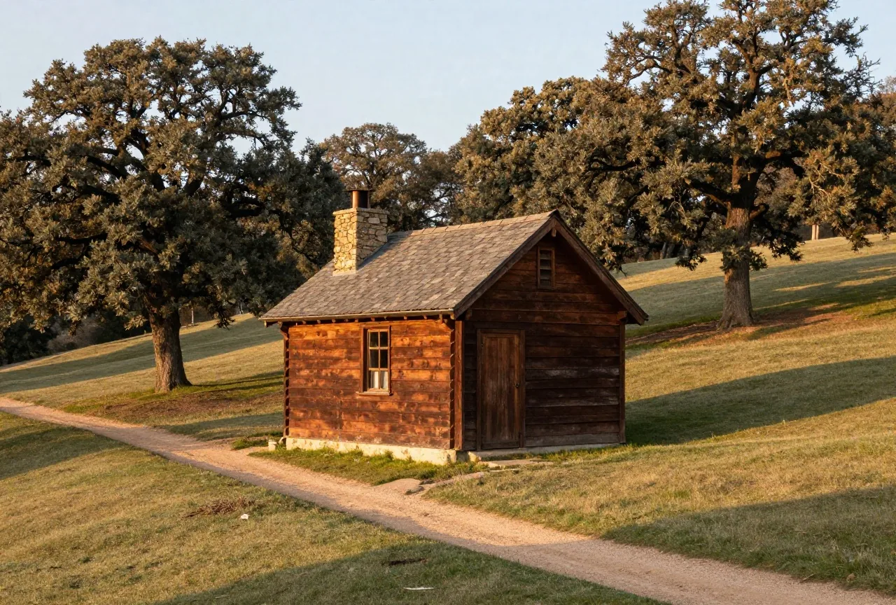 Kleine Holzhütte mit Steinkamin auf einem grasbewachsenen Hügel zwischen Eichen, ein Pfad führt hinauf, sanfte Hügel der Sierra-Vorberge im goldenen Abendlicht