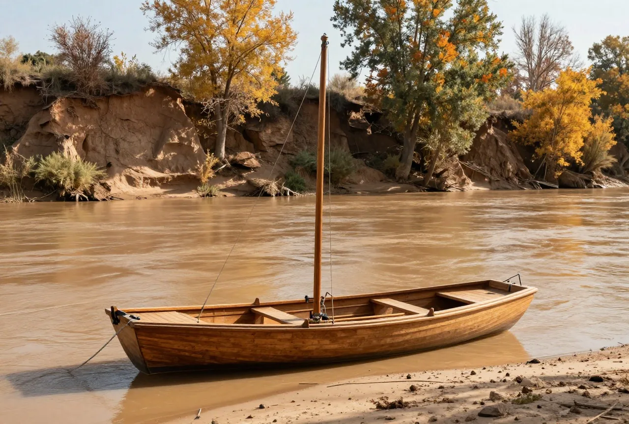 Hölzernes Kielboot mit Mast und Ruderbänken am Ufer eines breiten Flusses, dahinter erodierte Lehmsteilufer und Pappeln im Herbstlaub, warmes Nachmittagslicht