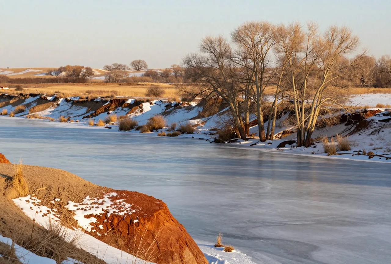 Zugefrorener Missouri im Winter mit verschneiten Steilufern und einem Wäldchen kahler Pappeln am Ufer, tief stehende Wintersonne und lange blaue Schatten, dahinter weite Prärie